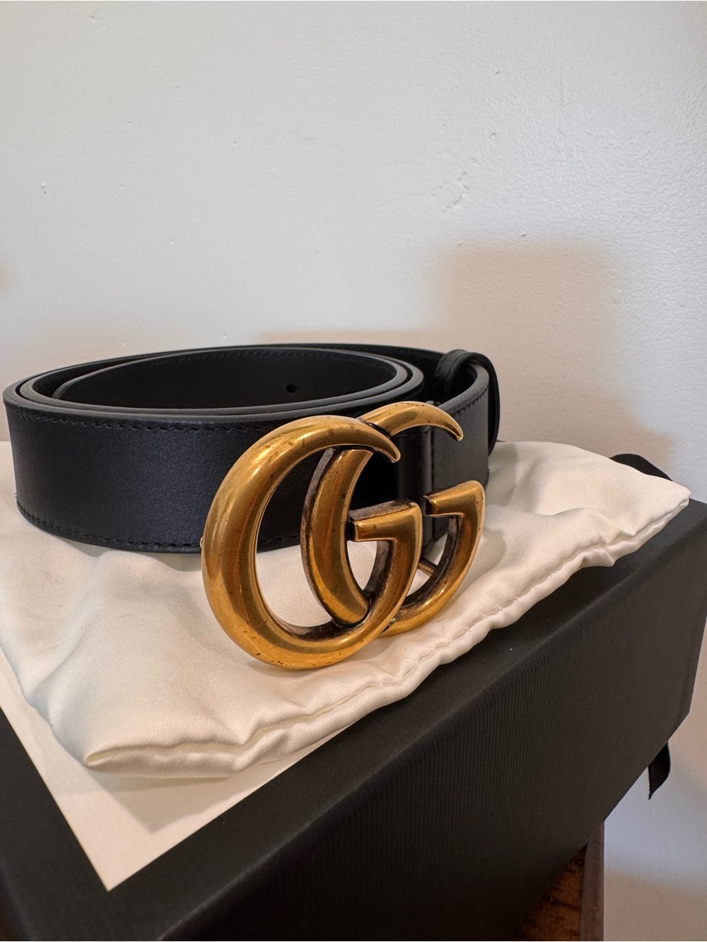 Gucci Black Leather Belt with Gold Double G Interlocking Buckle